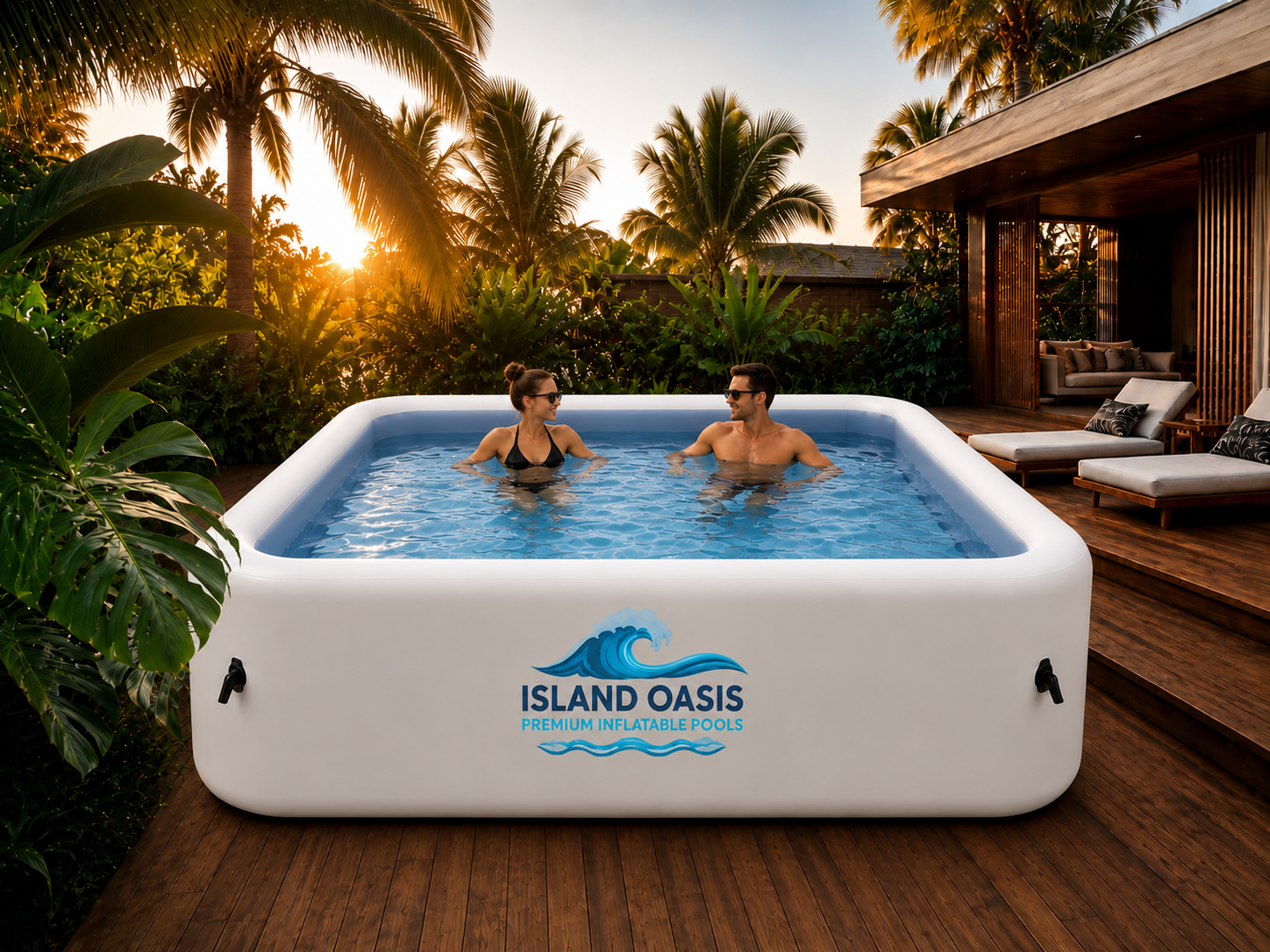 Couple in a white square Island Oasis pool on a wooden deck at sunset