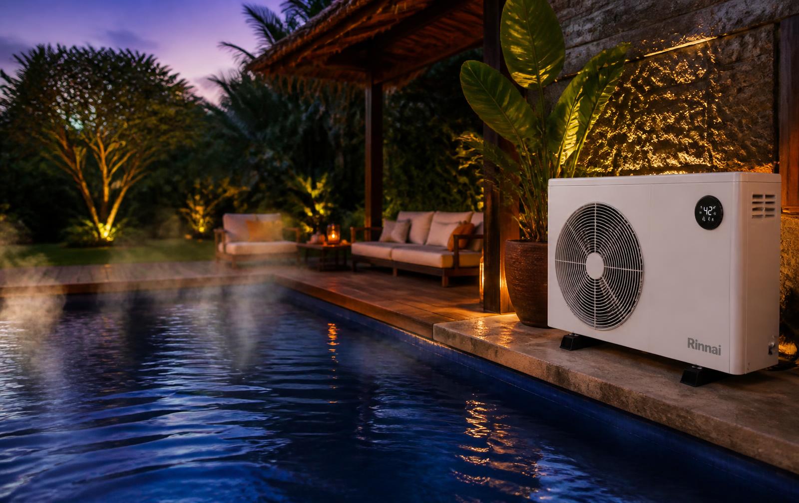 Island Oasis pool warmed to hot tub temperature at dusk