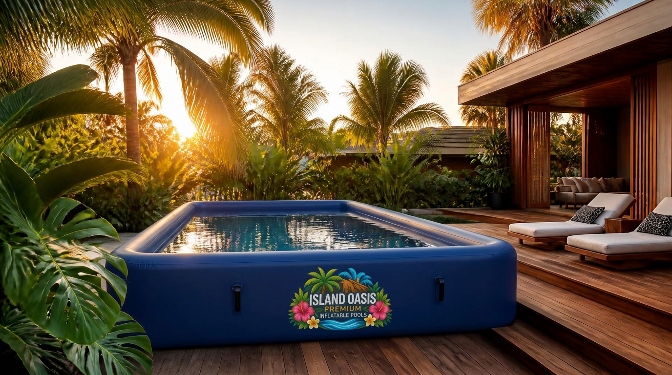 Deep navy Island Oasis pool in a lush tropical backyard at golden hour