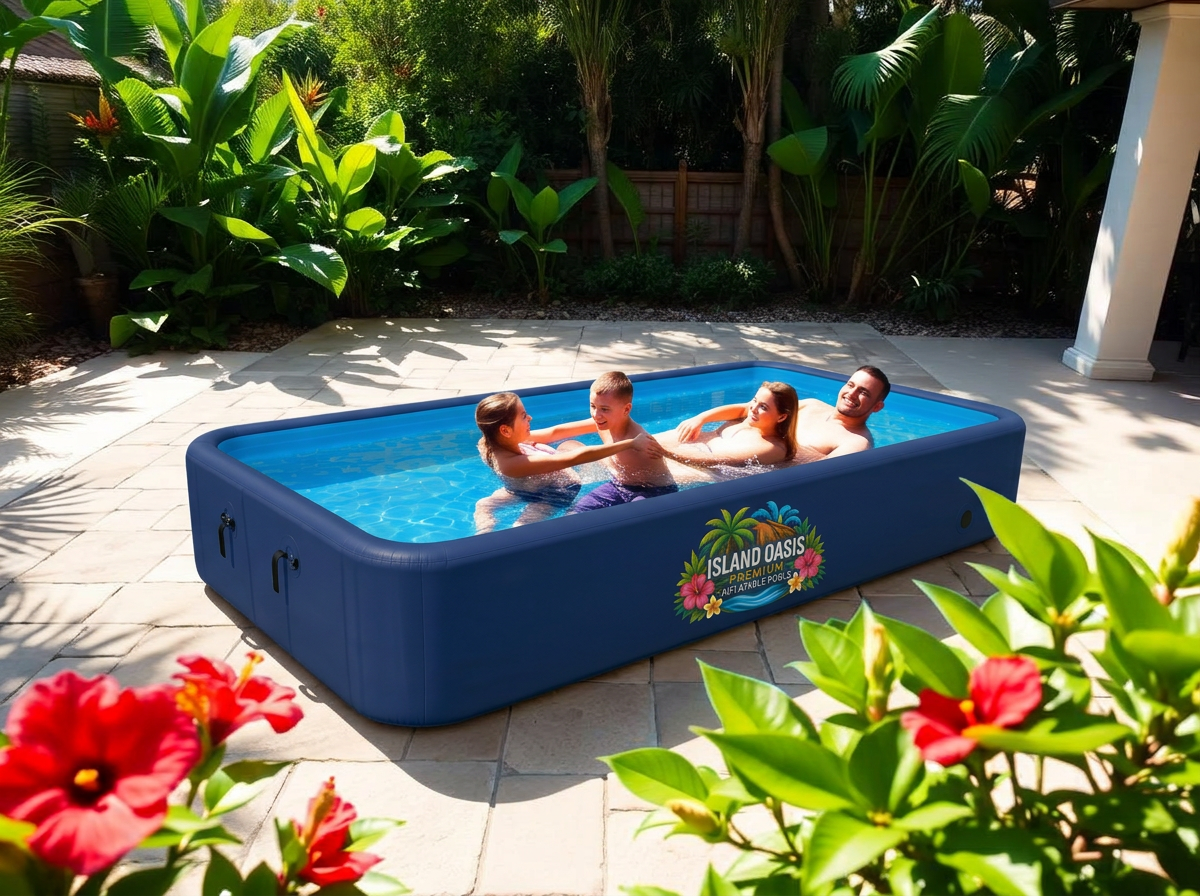 Family relaxing in a deep navy Island Oasis pool